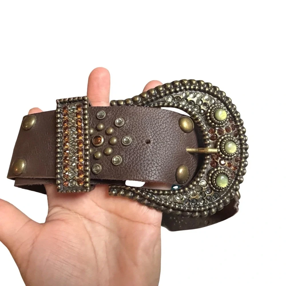 Vintage LEATHERROCK USA Brown Leather Western Rhinestone Belt Boho 41